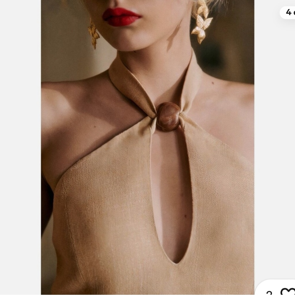 Sezane Beige Halter Midi Dress with Keyhole and Side Slit